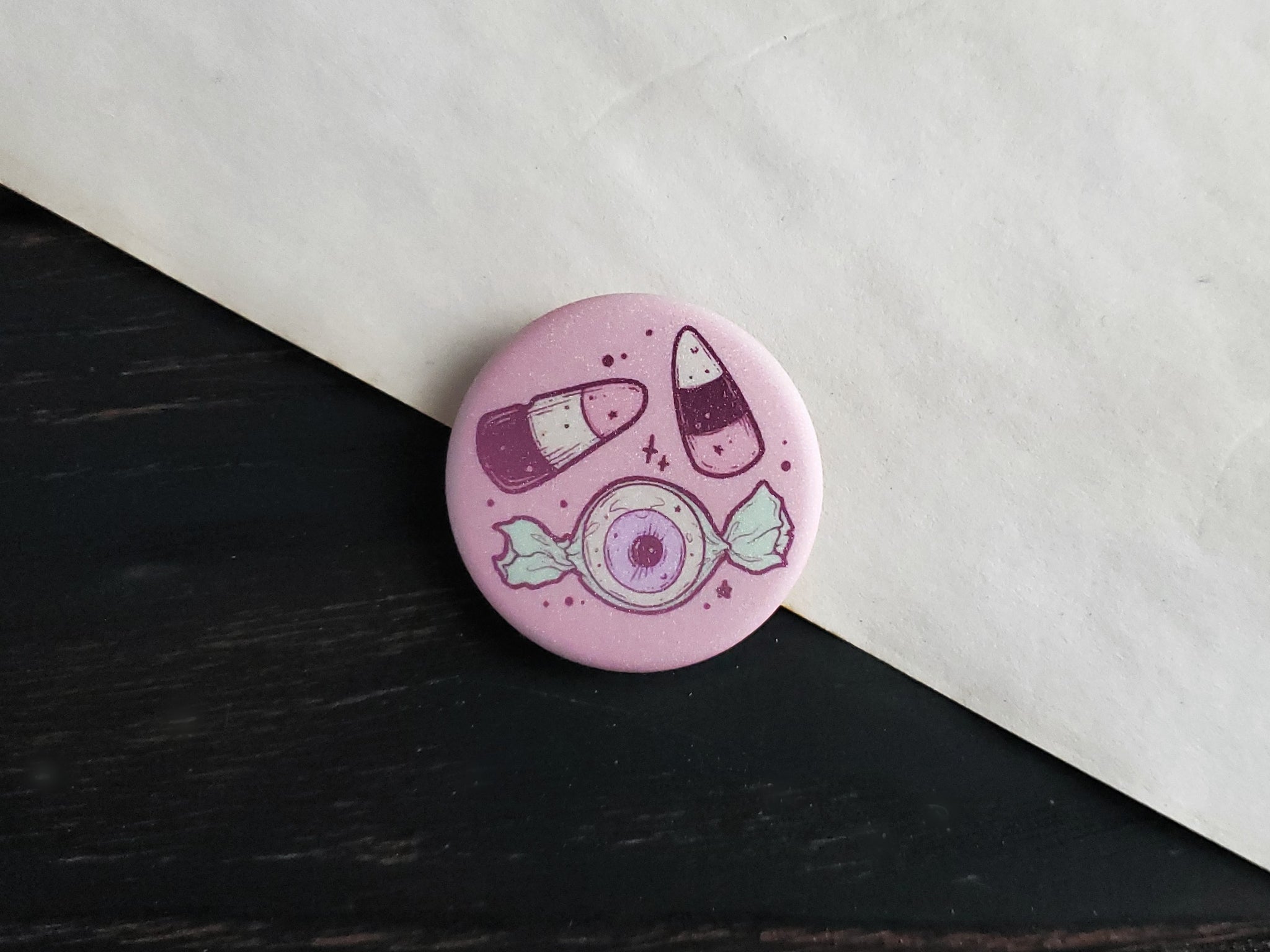 Pink and Green Halloween Candy pin badge
