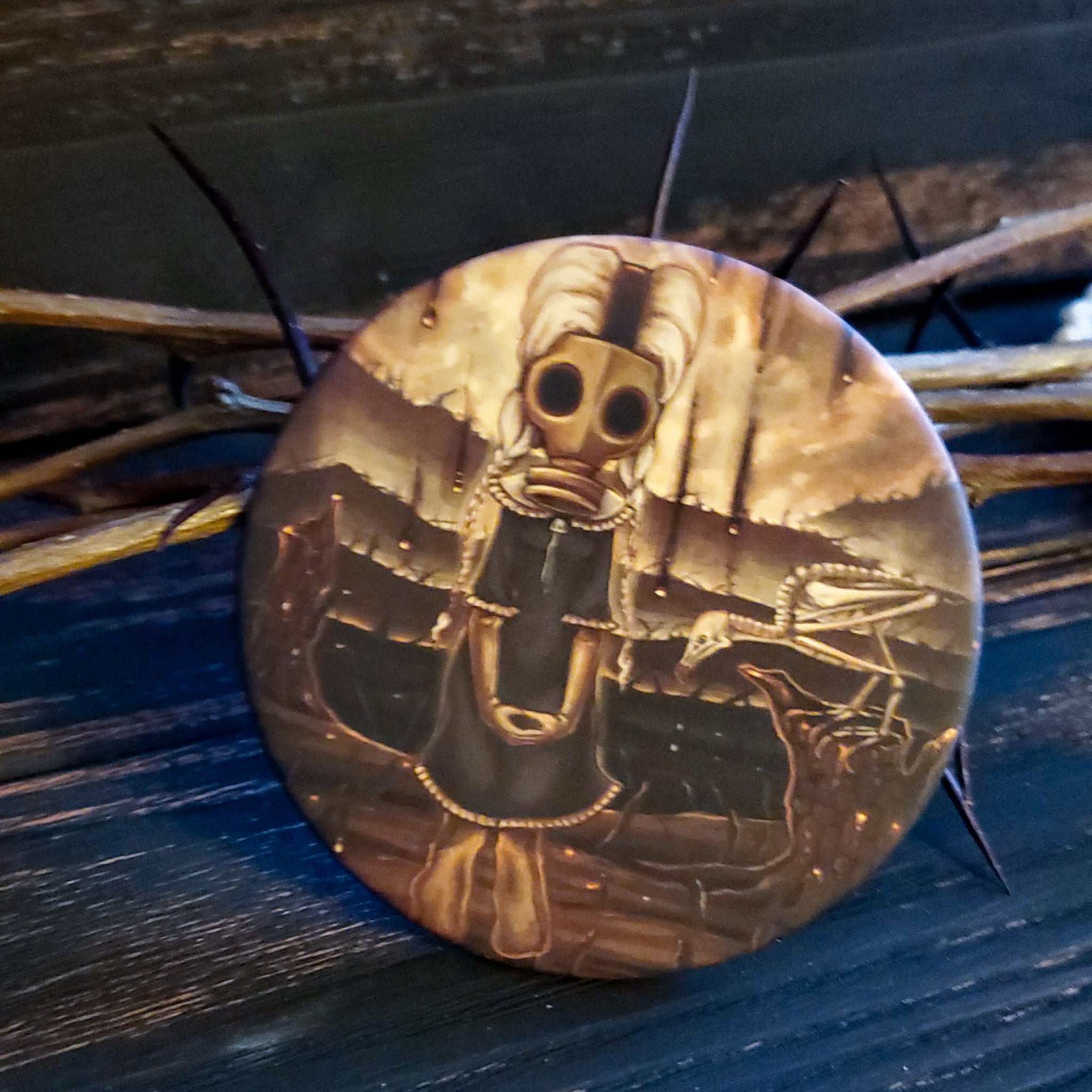 The Carrion gas mask large pin back button