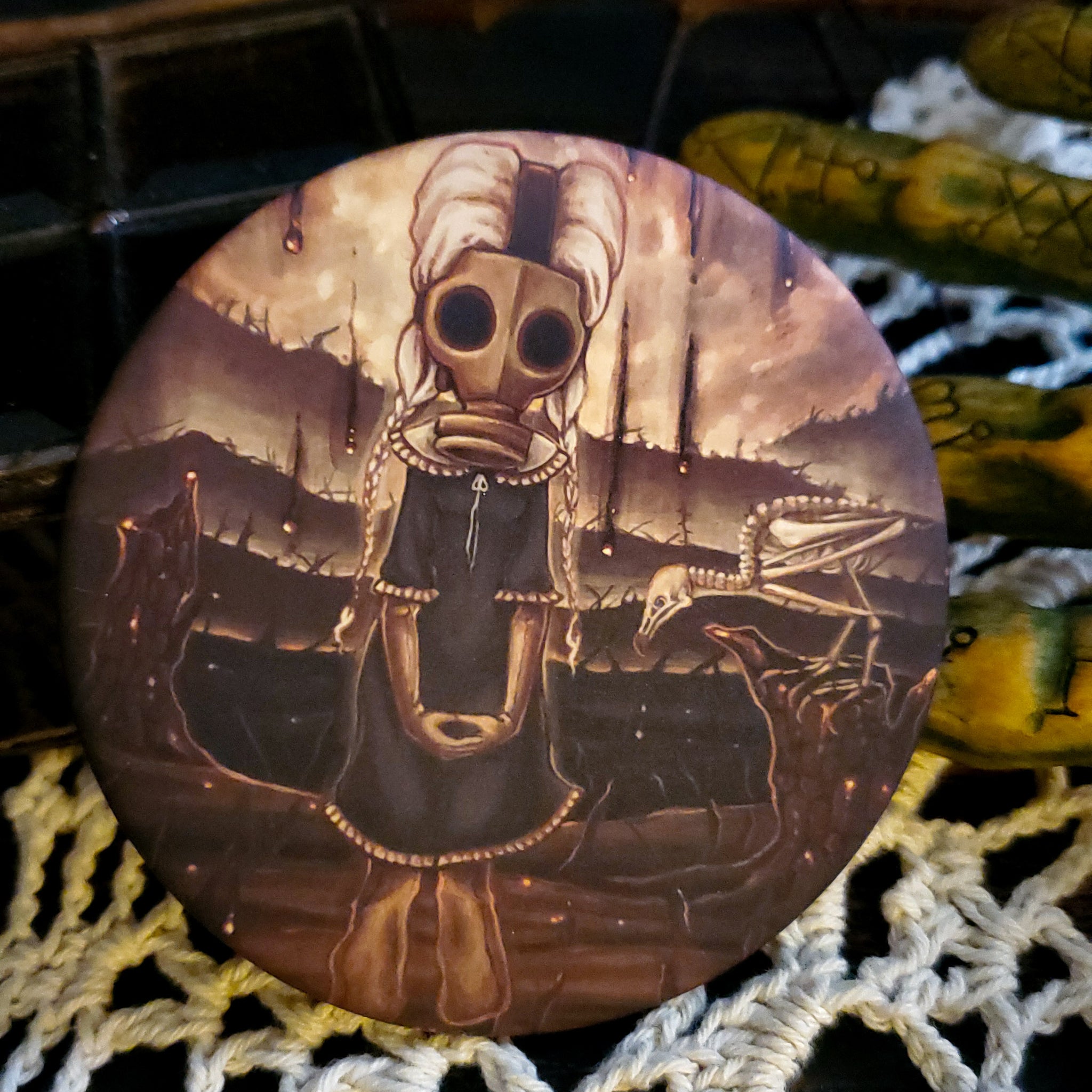 The Carrion gas mask large pin back button