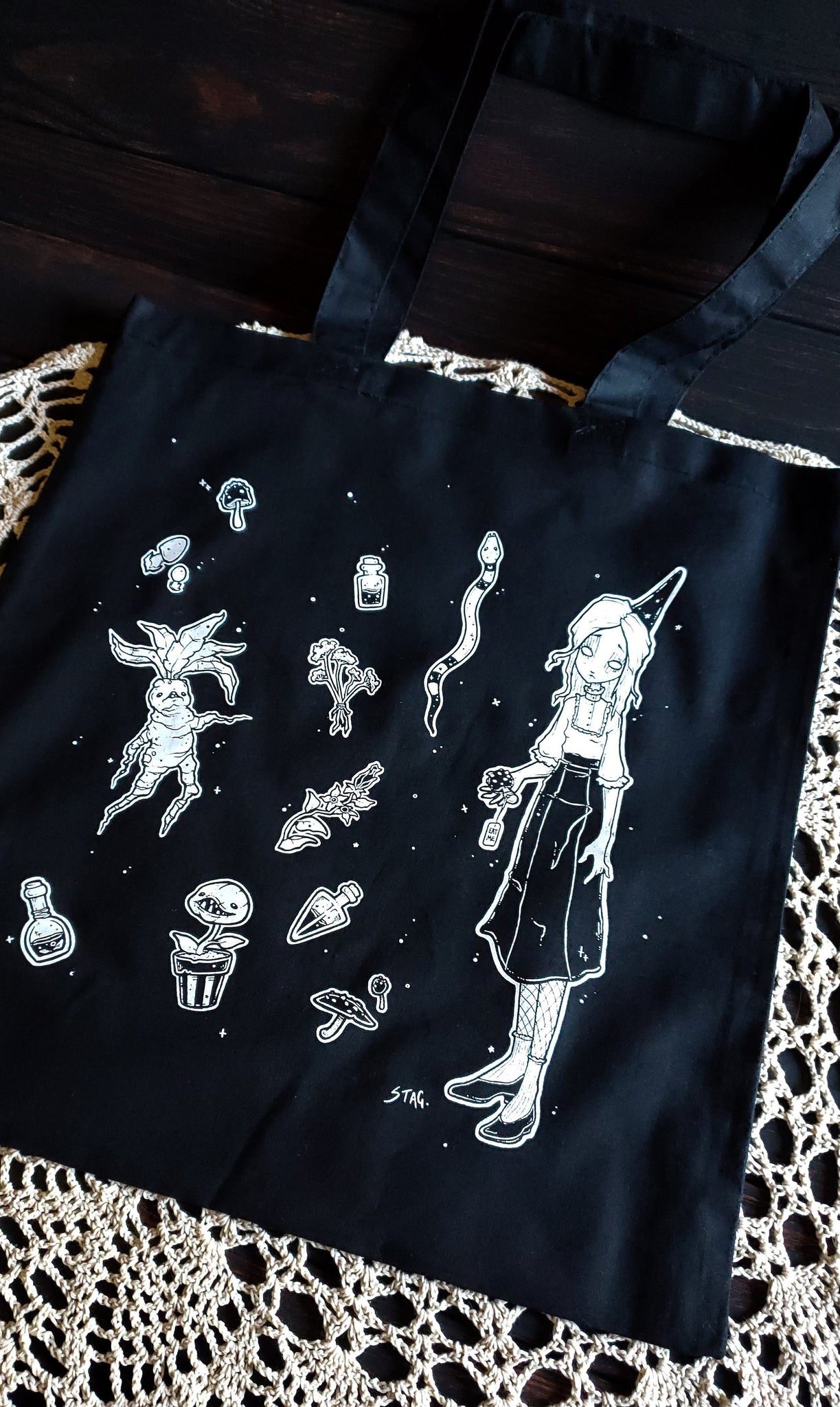 Garden Witch Tote Bag, Creepy cute and witchy goth screen printed tote